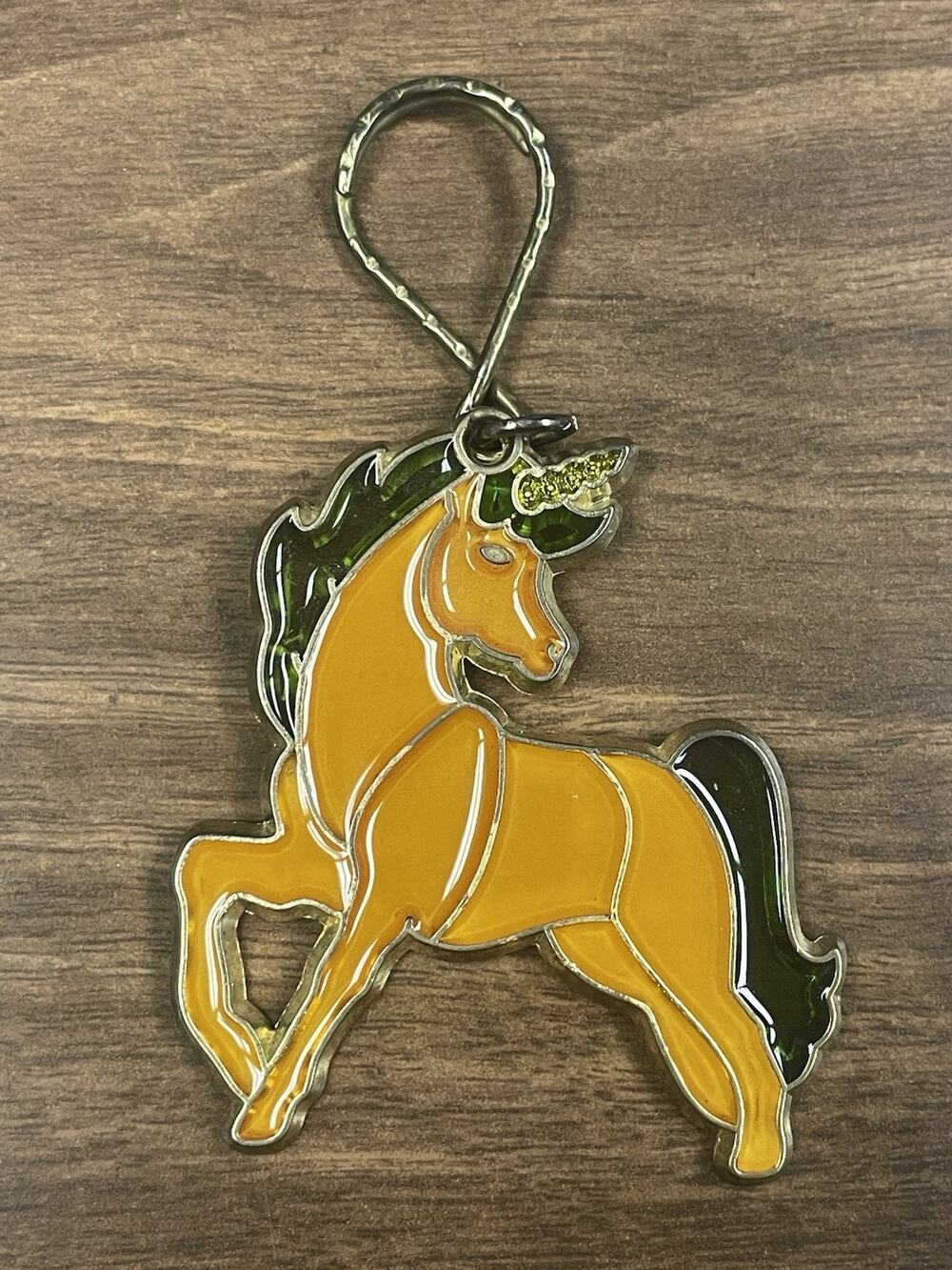 Unicorn Keychain Acrylic Gold Tone Clip Fantasy Horse Charm Vintage Style